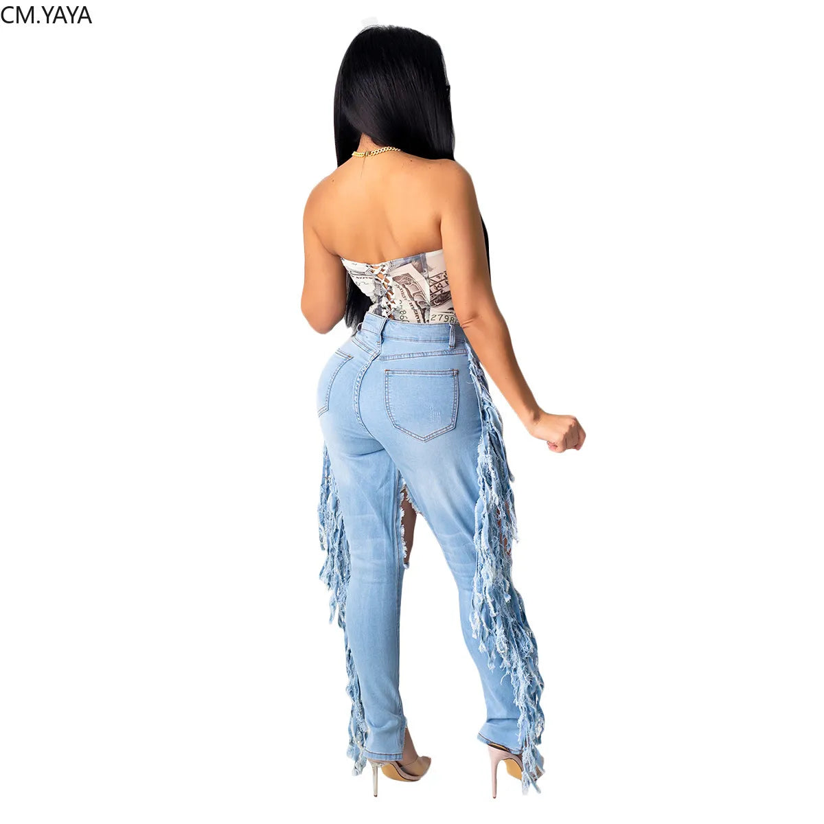 CM.YAYA Ripped Jeans for Women Hole High Waist Cut Out Hole Tassel Splicing Jeans Trousers Vintage Stretch Flare Denim Pants