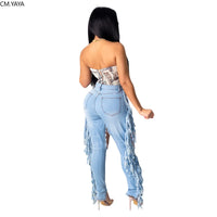 CM.YAYA Ripped Jeans for Women Hole High Waist Cut Out Hole Tassel Splicing Jeans Trousers Vintage Stretch Flare Denim Pants