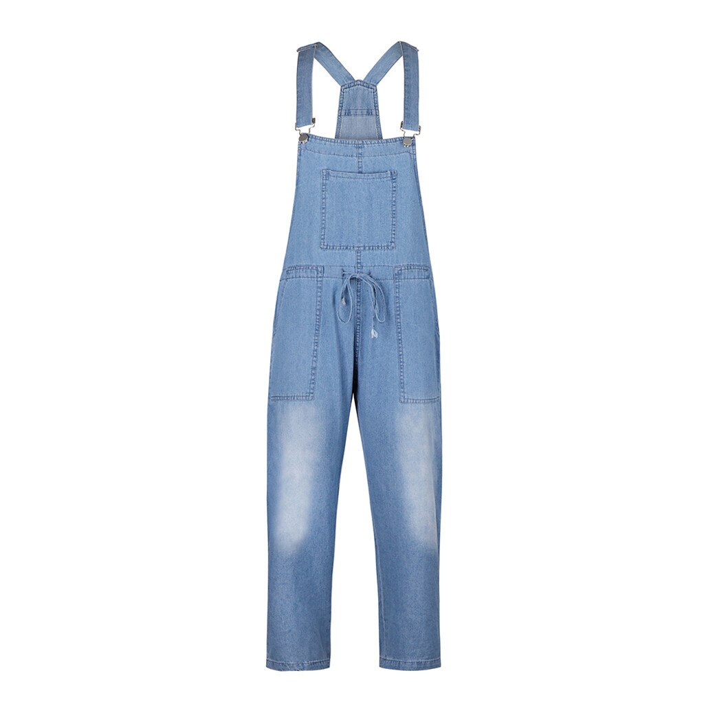 Spring Autumn Thin Loose Casual Womens Denim Jumpsuit Lace Up Elastic Waist Overalls Solid Color Wide Leg Trousers Bodysuit 6218