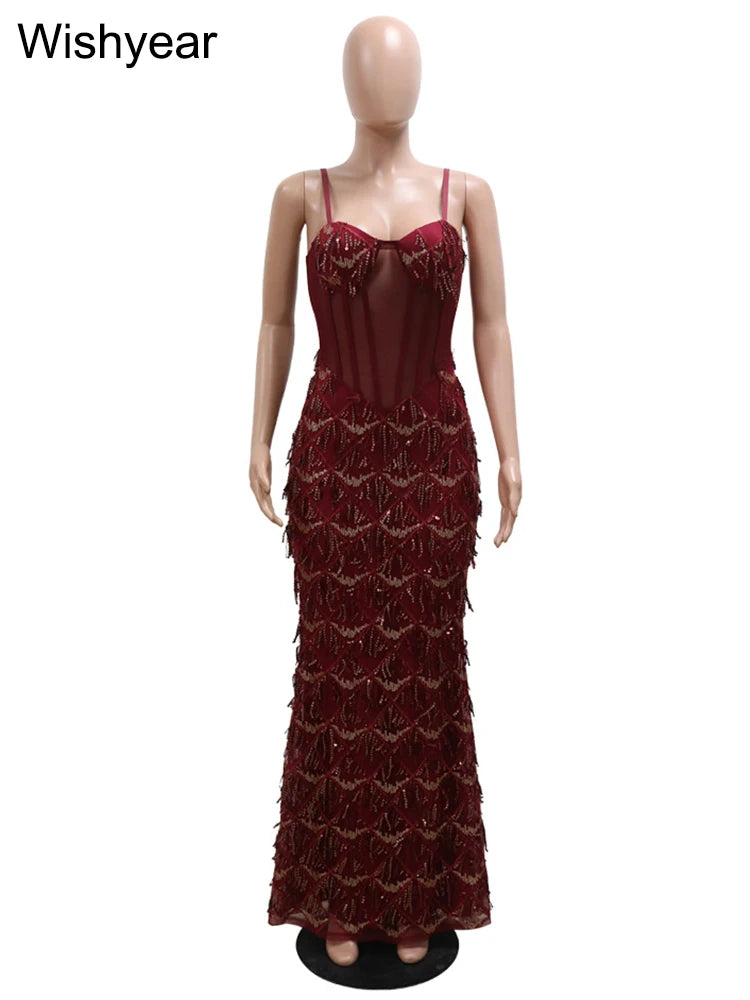 Sexy Spaghetti Strap Backless Bodycon Evening Club Party Dresses for Women Elegant Tassel Sequined Long Dress Birthday Femme