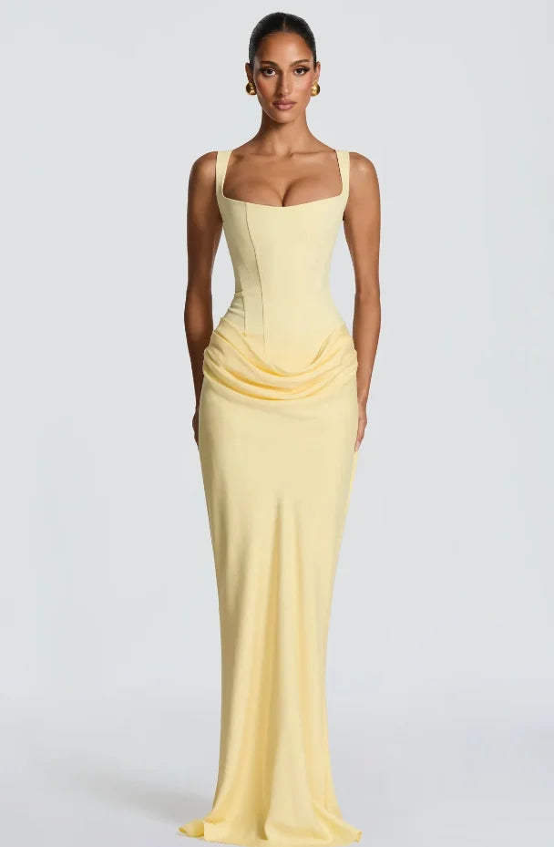 Elegant Yellow Strapless Pleated Long Dress Women Chic Solid Sleeveless Waist Cinching Split Gown 2026 Lady Evening Party Robe