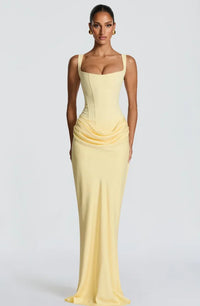 Elegant Yellow Strapless Pleated Long Dress Women Chic Solid Sleeveless Waist Cinching Split Gown 2026 Lady Evening Party Robe