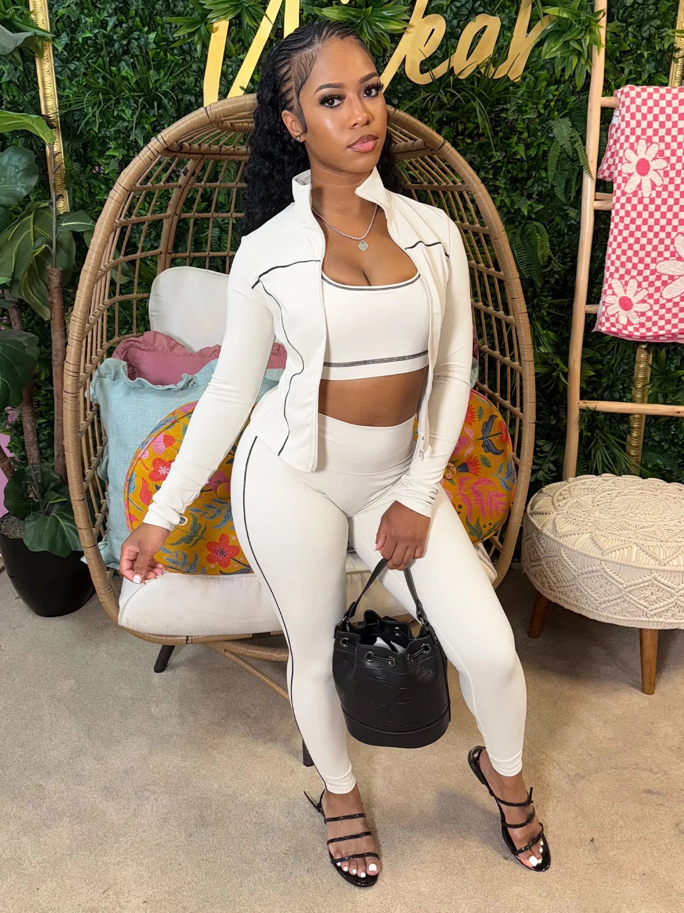 FAGADOER Autumn New Fashion Sports 3 Piece Sets Woman Outfit Stripe Patchwork Long Sleeve Zipper Tops + Pants Female Streetwear