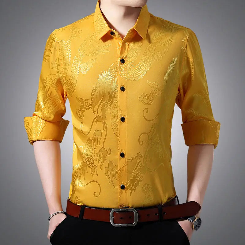 Streetwear Fashion Men Silk Smooth Shirt Spring Autumn New Male Clothes Business Casual Vintage Long Sleeve Basic Casual Tops