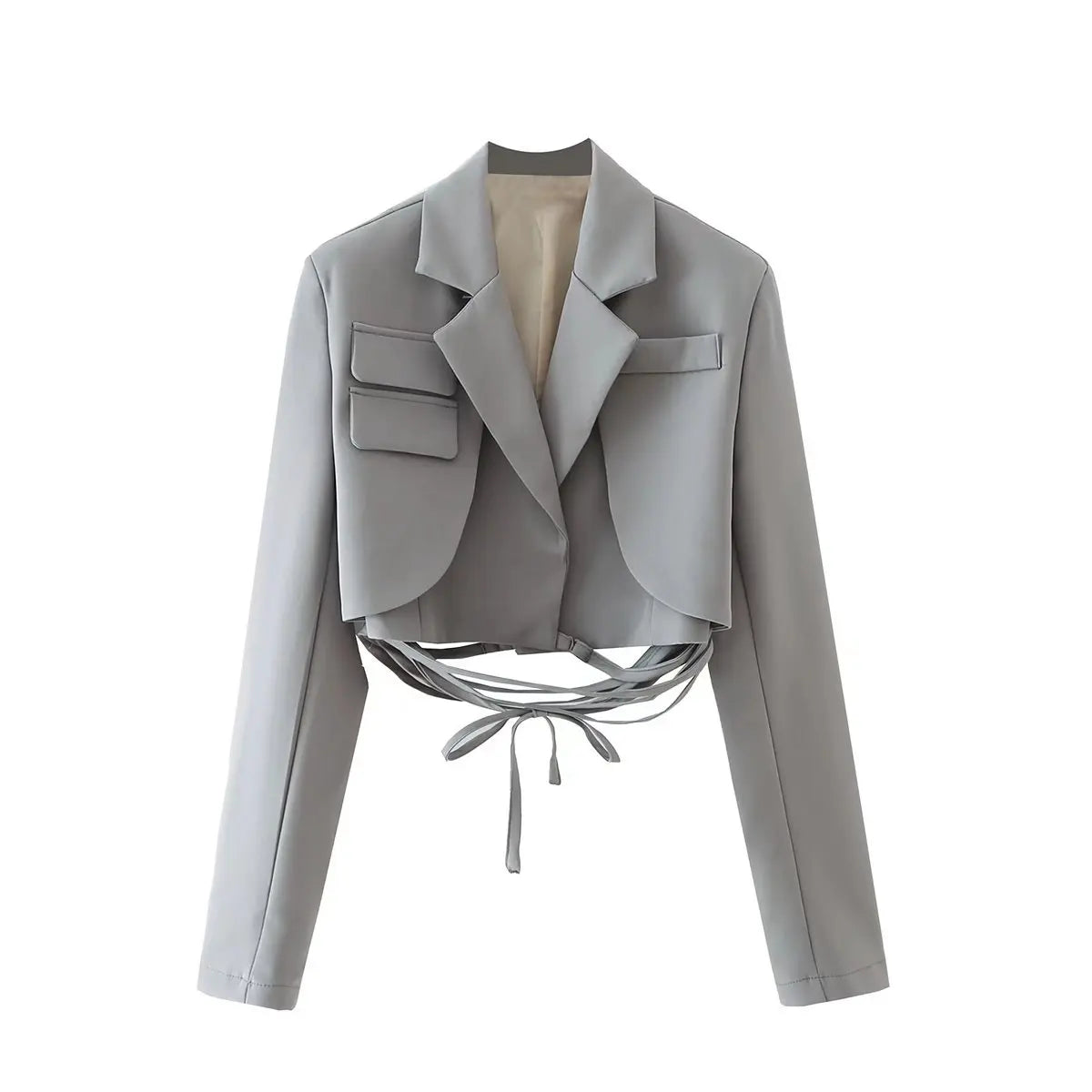 Gtpdpllt Gray Double Layer Bandage Slim Blazer Desigual Women Long Sleeve Pocket Short Jacket Female Outwear 2023 Crop Tops