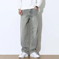 2025 Jacquard Full Print High Street Trendy Brand Ins Design Sense Jeans Loose Straight Tube Washed Wide Leg Long Pants