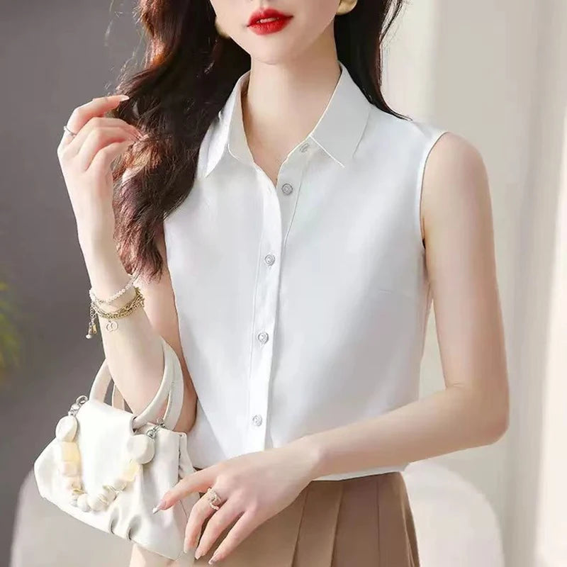 Elegant Lapel Button Solid Color Sleeveless Shirts Women's Clothing 2025 Summer New Loose Chic Tank Top Office Lady Blouses