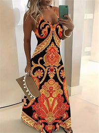 Women's New Fashion Summer Sleeveless Dress Casual Long Retro Strap Dress Street 3D Texture Print Comfortable Breathable Dress