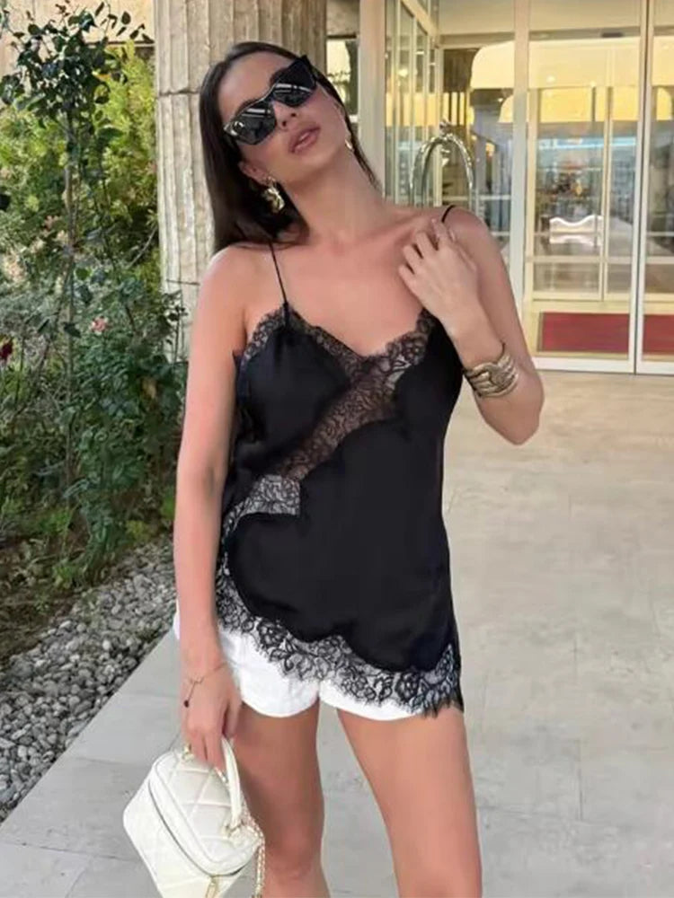 Sexy Lace Sling Tops Women's Hollow Out Sleeveless Backless Asymmetrical Hem Top 2026 Summer New Lady Fashion Short Tops