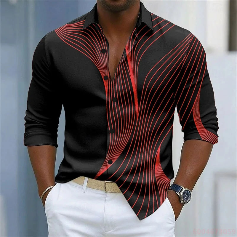 Men's shirt with simple geometric lines printed in contrasting colors, loose long sleeved top, daily casual versatile shirt
