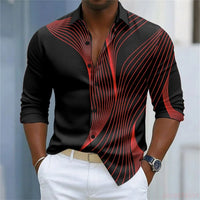 Men's shirt with simple geometric lines printed in contrasting colors, loose long sleeved top, daily casual versatile shirt