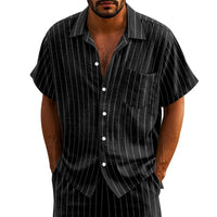 New Casual Mens Linen Shirts Summer Leisure Breathable Loose Short Sleeve Striped Shirt For Men Outdoor Fashion Button Lapel Top