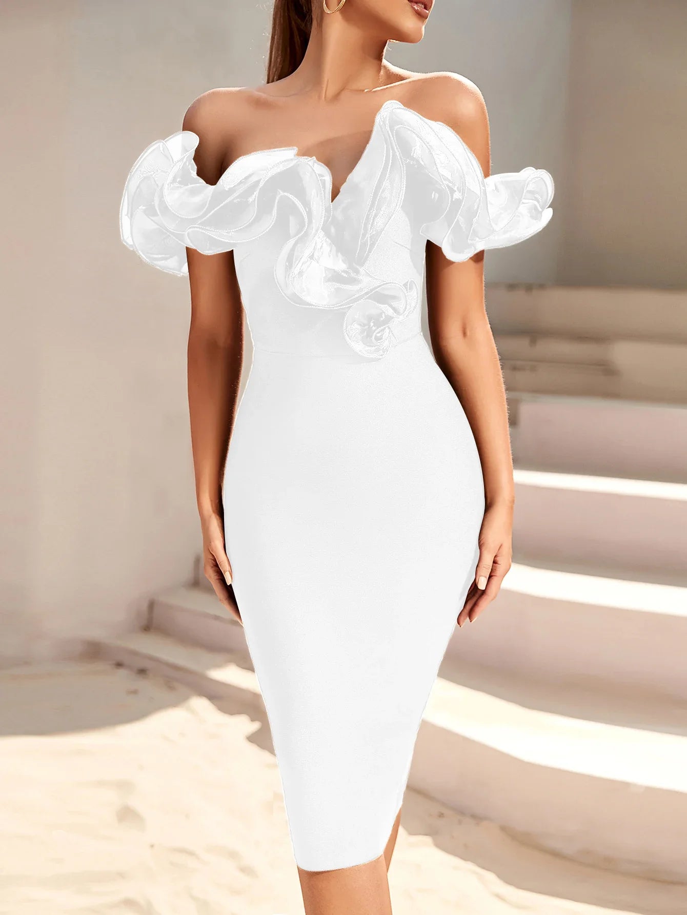 High End Bandage Dress Women Elegant Off Shoulder Ruffles