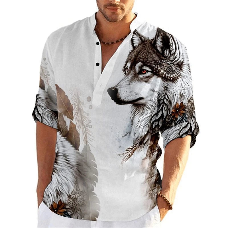 Men's 3D Button Shirt T-shirt Summer New Fashion Personalized Graffiti Standing Collar Casual Long sleeved Shirt Extra Large