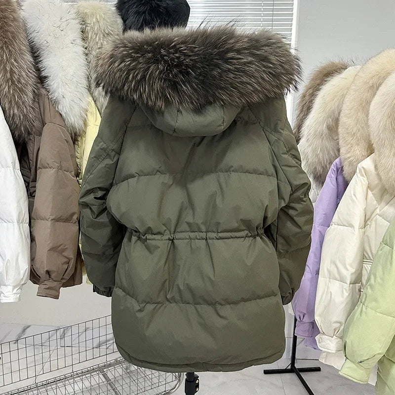 Real Raccoon Fur Coat Short Puffer Jacket Women 90% Duck Down Coat Huge Hooded Winter Thicken Female  Feather Parkas 2023