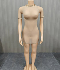 FLARORA Sexy See Through Mini Dress Woman Solid Color O-Neck Short Sleeves Skinny Peach Hip Elastic Clubwear Midnight Bodycon