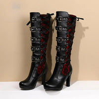 Platform Boots For Women Lace Up Chunky High Heel Mid Calf Boots Narrow Band Bow Knot Goth Gothic Shoes Winter 2024