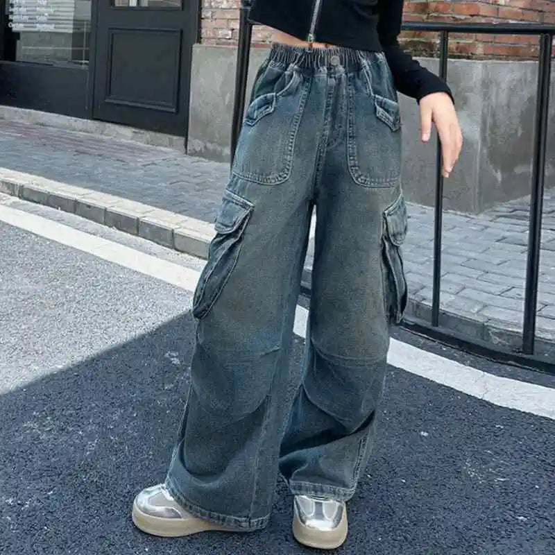 Autumn Winter New Ladies Cargo Jeans American Street Style Baggy Cargo Pants Women Blue Multi-pocket Wide Leg Jeans for Women