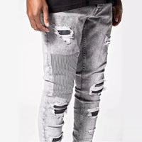 2025 New Men Light Blue Distressed Ripped Stretch Skinny Jeans Slim Fit Trendy Casual Long Pants Multi Color Options