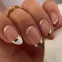 24pcs Short Almond False Nails French Ballerina Gold Line Fake Nail Full Cover Nail Tips