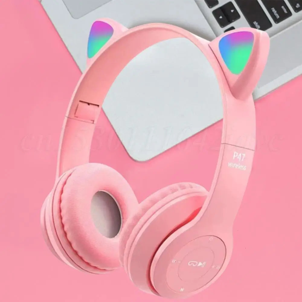 Wireless Headphones Cat Ear Gaming Headset Glow Light Bluetooth-Compatible Helmets Cute Over-Ear Headsets for Kids and Adult