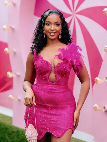 Fashionable Short Mermaid Beaded Feather Cocktail Ball Dress Sexy V-Neck Off Shoulder Graduation Back to School Dress Customized