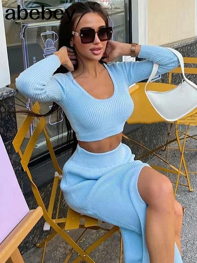 2022 Knitted Winter Women Sexy Sweater Skirt Suit Y2K Fashion Long Sleeve Crop Tops And Long Split Skirt Dress Two Piece Sets