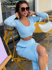 2022 Knitted Winter Women Sexy Sweater Skirt Suit Y2K Fashion Long Sleeve Crop Tops And Long Split Skirt Dress Two Piece Sets