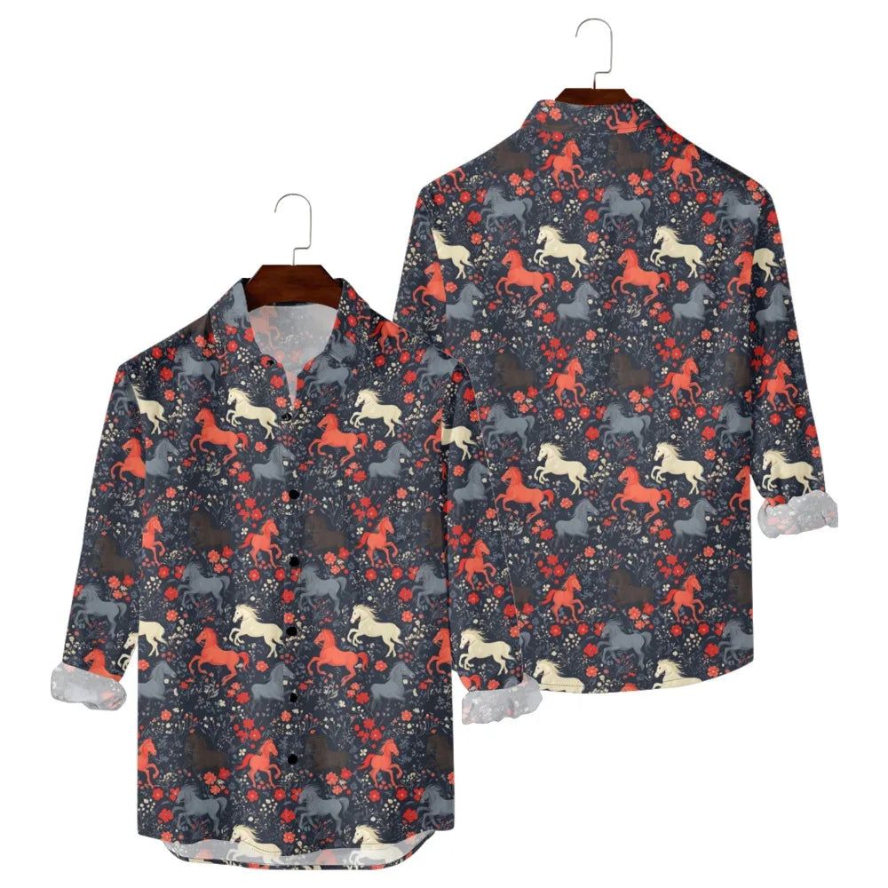 Hawaiian Button Up Shirts Equestrian Bloom Horse Floral Printed Full Sleeve Streetwear Casual Men Summer Vacay Beach Parties