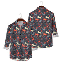 Hawaiian Button Up Shirts Equestrian Bloom Horse Floral Printed Full Sleeve Streetwear Casual Men Summer Vacay Beach Parties