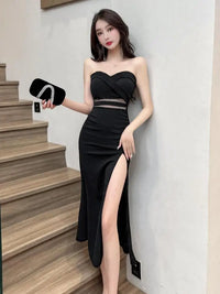 Women's White Elegant Birthday Evening Party Strapless Long Dress Summer Black Sexy Club Backless High Split Gowns Dress Fashion