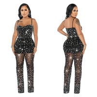 Sexy Rhinestone Mesh Jumpsuit Sleeveless See Through One Piece Outfits For Women Night Club Wear Rompers Party Bodycon Jumpsuits