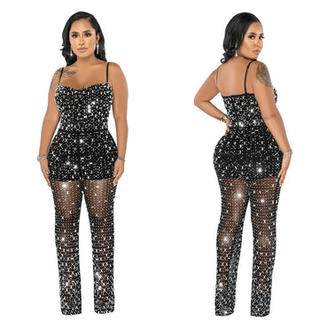 Sexy Rhinestone Mesh Jumpsuit Sleeveless See Through One Piece Outfits For Women Night Club Wear Rompers Party Bodycon Jumpsuits