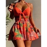 New Fashion Printed Three Piece Bikinis Set Summer Backless Swimming Women Swimsuit With Skirt High Waist Beachwear Outfits