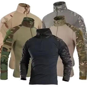 Men's Long Sleeve Combat Shirt Zipper Ripstop Cotton Tactical Shirts Navy Blue Camoufalge Airsoft T Shirts