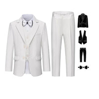 Gentleman Kids White Baptism Photograph Suit Children Slim Jacket Vest Pants Bowtie 4P Piano Dress Boys Prom Performance Costume