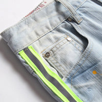 2023 Summer New Mens Ripped Short Jeans Brand Clothing Bermuda Cotton Side Stripe Fluorescent Shorts Breathable Denim Shorts