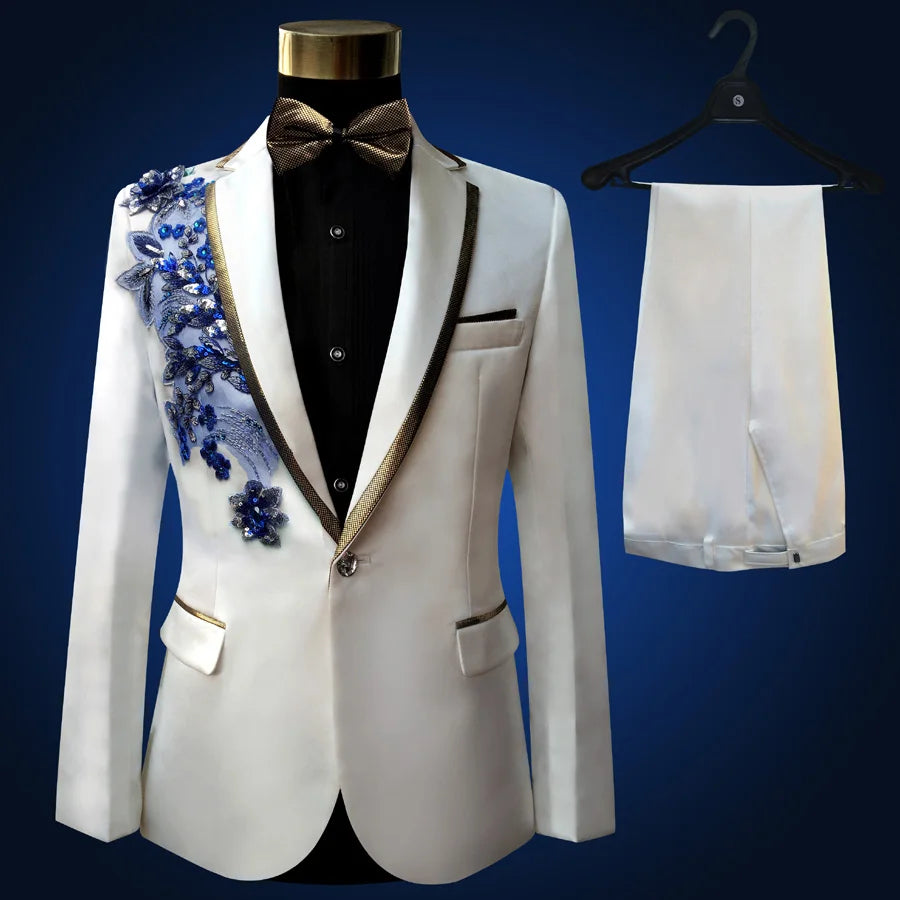 New Black Wedding Groom Tuxedos Suit Men Fashion Paillette Embroidered Male Singer Performance Party Prom Blazer Suit 4 Pcs