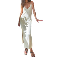 Ladies Temperament Knitted Slip Dress Women Leisure Vertical Stripe Sleeveless V-neck Backless Split Long Dress Spring Summer