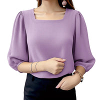 ZANZEA Women Crinkled Texture Puff Sleeve Blouse, Elegant O Neck 3/4 Sleeve Blusas Mujer, Summer Fashion Solid Color Casual Tops