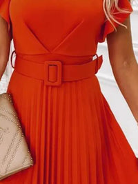 Office Lady Midi Pleated Dresses 2022 Summer Elegant Women's O-Neck Butterfly Sleeve Sashes A-line Dresses For Women Robe Femme