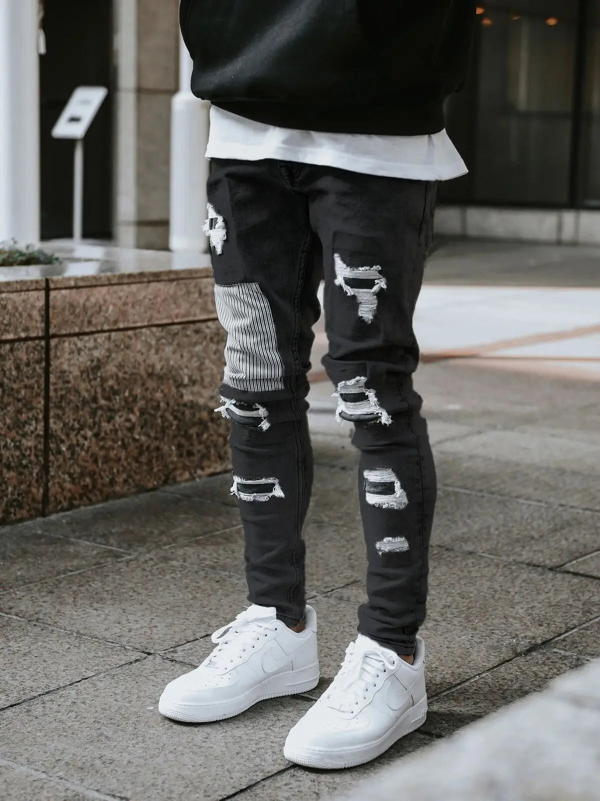 2025 New Men Light Blue Distressed Ripped Stretch Skinny Jeans Slim Fit Trendy Casual Long Pants Multi Color Options