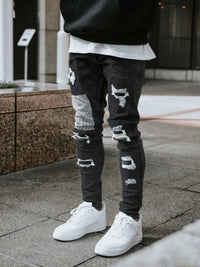 2025 New Men Light Blue Distressed Ripped Stretch Skinny Jeans Slim Fit Trendy Casual Long Pants Multi Color Options