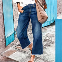 Wide-Leg Jeans For Women Washed Blue With Raw Edges Loose Fit Retro Trousers Lazy Style Trendy Trousers Daily Casual Wear