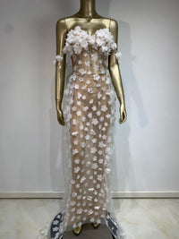 STOCK Women Sexy Strapless White Flower Crystal Long Dress 2024 Elegant Evening Club Party Dresses Stage Performance Clothing