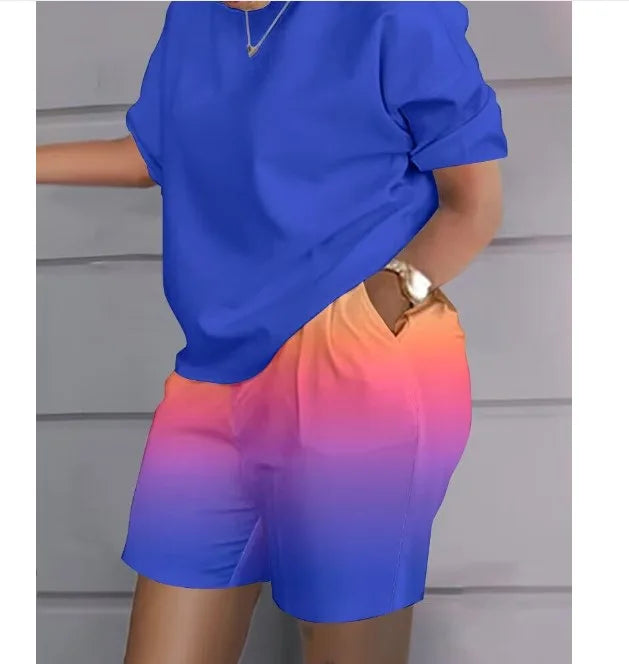 Women Print Two Piece Shorts Sets Matching Sets Short Sleeve T Shirts Pockets Elastic Waist Trousers Y2k Tops Suits Summer 2025