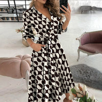 Sexy Women V-Neck Sexy Dresses Elegant Butterfly Print Long Sleeve Lace Up Wrap Midi Dress