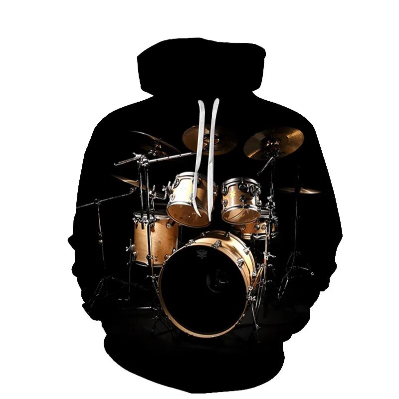 Vintage Men Spring Autumn Music Enthusiast 3D Guitar Graphic Hoodies Hip Hop Art Style Pullovers Women Casual Drum Kit Coat