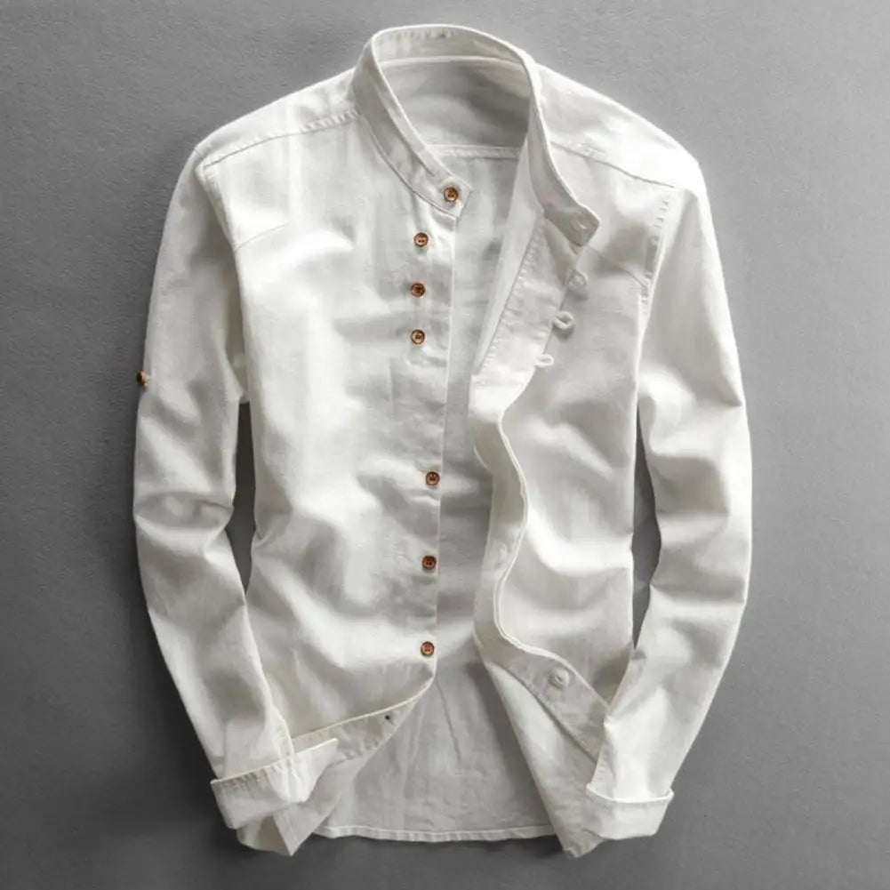 Men's Retro Buckle Long Sleeved Shirt 2025 Spring Autumn Casual Linen Buttoned Shirt Slim Fit Stand Up Collar Shirt Jacket
