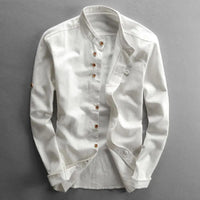 Men's Retro Buckle Long Sleeved Shirt 2025 Spring Autumn Casual Linen Buttoned Shirt Slim Fit Stand Up Collar Shirt Jacket